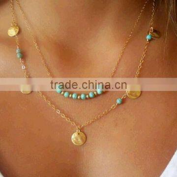 Most popular multilayer round alloy pendant turquoise necklace
