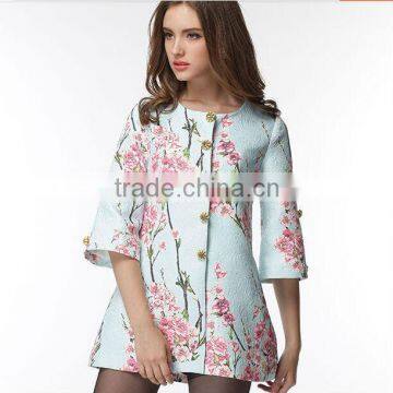 2014/2015 Newest fashion european style double breasted flower printed trench coat with belt for women