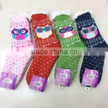 Owl Jacquard Chunky Thermal Fleece Lined Fur Slipper Socks Acrylic Socks With Anti-skid Silicon Dots Bottom