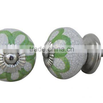 Flower Hand Painted upon Crackle base Ceramic Drawer Knob with Metal Fittings - Ready to Use