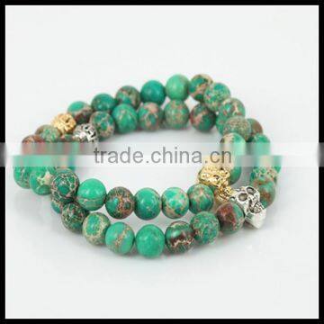 kjl-cst 118 High quality natural green regalite round stone beads men bracelet charm gold and silver skull head women bracelet