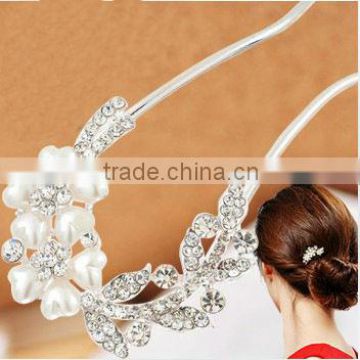 U shape hair pin jewelry with rhinestones and pearl