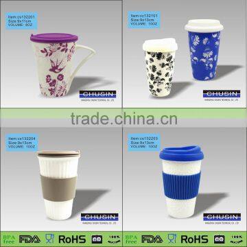 Customized logo printing double layer ceramic cup with silicone lid