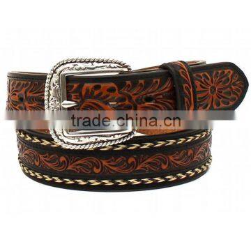 Brown western floral printed men emboss leather belt factory