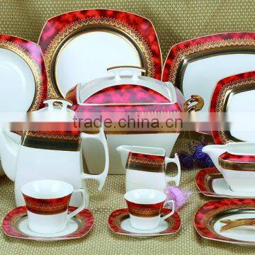 Bone china dinnerware set in luxury and royal style of square shape