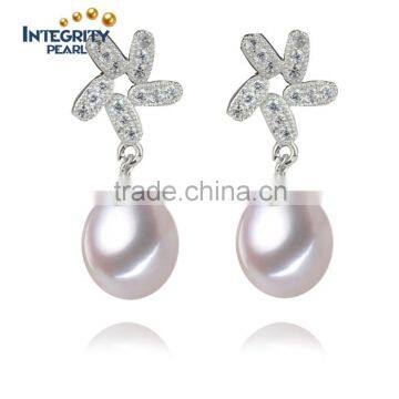 White Color Drop Shape 8-9mm AAA Pearl Earring Sterling Silver Freshwater White Pearl Earrings