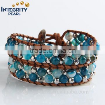 6mm natural blue agate wrap leather bracelet, girls new designer bracelet, natural stone bracelet