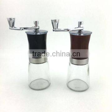 hot selling food safe manual coffee grinder with glass bottle