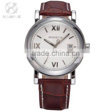 Cool AGENTX Siver Steel Case White Dial Date Display Sports Quartz Brown Leather Band Men Casual Watch