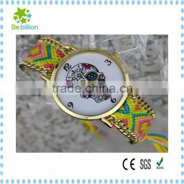 2015 Newest fashion woman Geneva watch ,manufacturer braided colorful band woman watch , skull woman watch