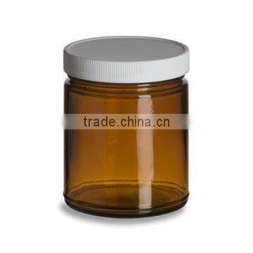 Straight Sided Amber Glass Jar 9 oz(270ml) w/ White Lid