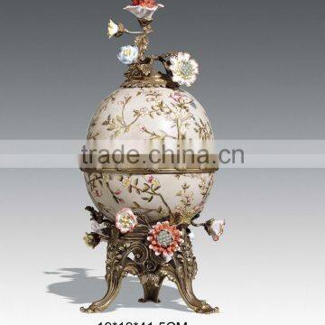 Elegant Porcelain Jar Vase With Brass Base, Blue & White Design Ceramic Egg Shaped Vase, Home Decor Imitate Bird Flowr Pot photo-4