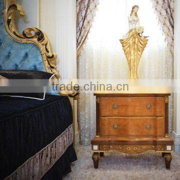 French Antique Bedroom Furniture Wooden Carved Nightstand/ Vintage Brown Bedside Table With Golden Carving photo-2