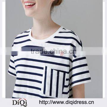 Summer Fashion Casual striped Embroidered Cotton O-neck Short Sleeve Woman T-Shirts Tops