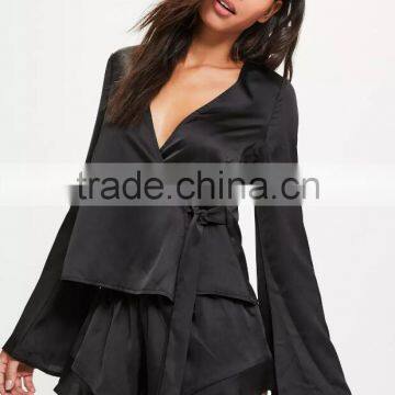 Women V Neck Wrap Pajamas With Private Label Black Long Sleeve Satin Pyjamas Set With Frilled Shorts photo-5