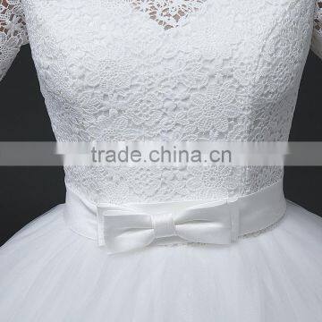 MGOO Custom Made Less 100 USD Tulle Lace Applique Wedding Dress Slash Neck 3/4 Sheer Neck Elegant Handmade photo-4