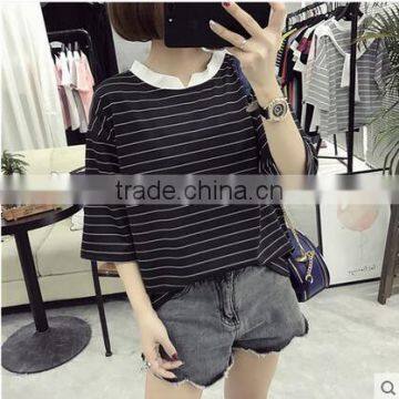 Summer Wear Women's Clothing Contracted Stripe Short Sleeve T-shirt Woman Relaxed Joker photo-2