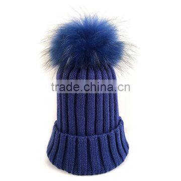 Myfur Winter Warm Couple Hat With Genuine Raccoon Fur Bobble Knit Hat