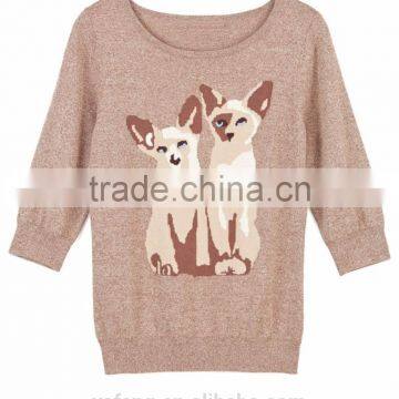 Fancy Cotton Knitted With Cat Pattern Sweater Designs For Girls