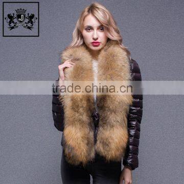 Custom soft fabric plain dye blank lady outdoor coat big raccoon fur collar black down jacket