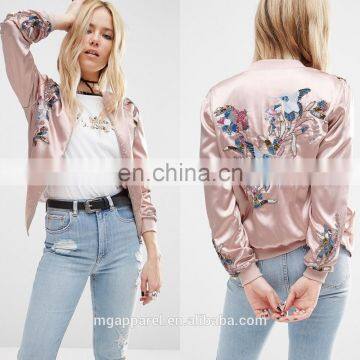 2016 Fashion women embroidered satin bomber jacket wholesale