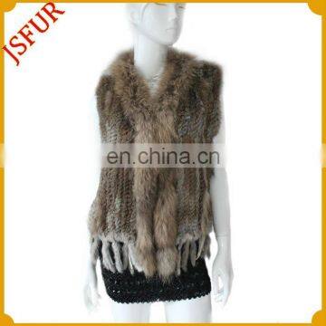 2014 Fashion women's knitted rabbit fur vest with raccoon fur trim rabbit fur vest