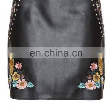 Black PU Embroidered Skirt With Stud Detail New Design Hot Sell