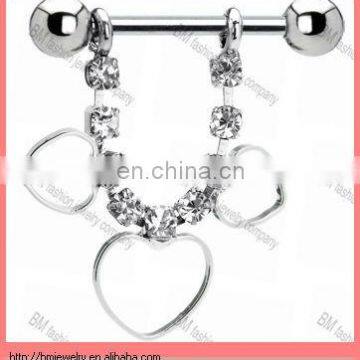dangling heart nipple jewelry with clear crystal piercing jewelry rings