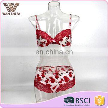 Cheap nylon spandex lady fashion flower printed lace bra and panties set