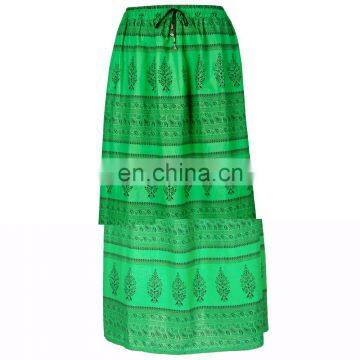 GREEN COLOR BLACK PRINT ANKLE LENGTH ELASTIC BELT LONG SKIRT 2016