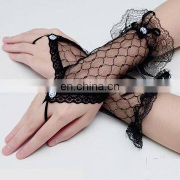 Factory Hot Sell Vintage Short Net Fingerless Glove For Wedding Customed Black &Red Fishnet Bridal Gloves With lace Trim