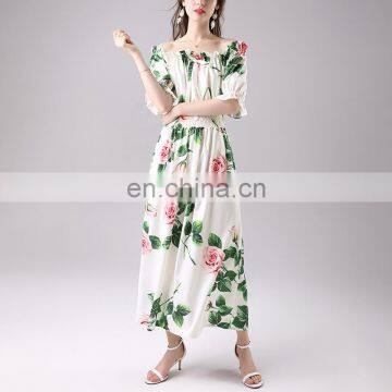 TWOTWINSTYLE Floral Print Dress Women Slash Neck Flare Short Sleeve High Waist Off Shoulder Casual photo-3