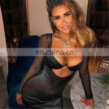 2020 New Women's Stitching Mesh See-through Hollow Bodycon Navel Sexy Dresses For Night Club