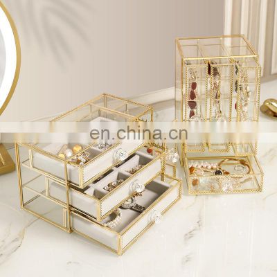 Jewelry Box Gold Luxury Gift Bracelet Velvet Crystal Glass Necklace Jewellery Ring Storage Organizer Jewelry Boxes For Jewelry