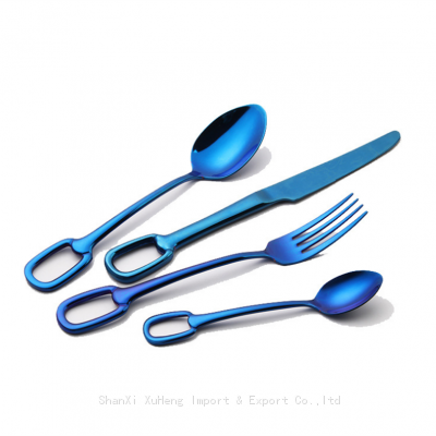 Set of 4 Pieces Blue Colored Stainless Steel Knife Fork Spoon Quality Tableware Cutlery Set With Hook Handle