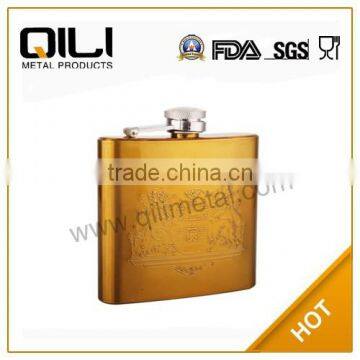 yellow metal painting stainless steel hip flask with embossing