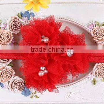 new design fabric flower pearls girls elastic hair bands for children