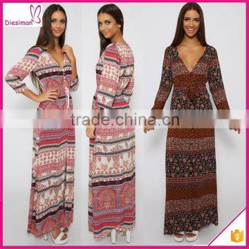 Front button down opening rayon tribal print muslim long sleeve maxi dress