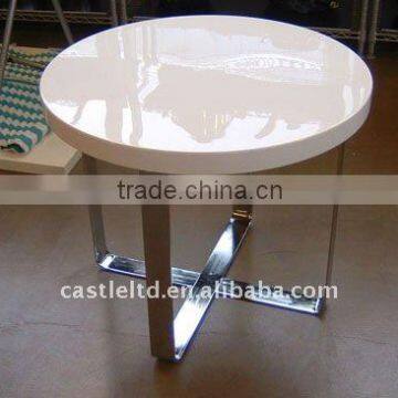 White High gloss oval coffee table with MDF finished,wooden top and metal cross base modern end table