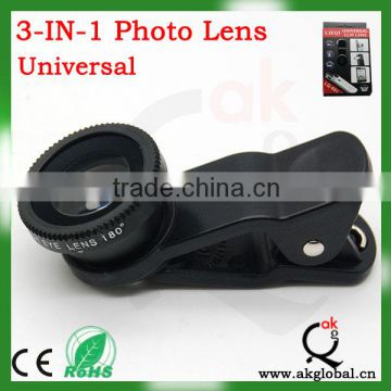 3-in-1 Universal Clip on Detachable Wide Angle+Macro+Fish-eye Lenses Kit for iPhone 4 4S 4G 5 5G 5S 5C Samsung Galaxy S2 I9100 S