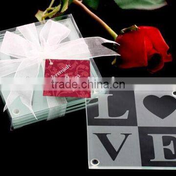 LOVE Glass Coaster Set with Ribbon and Thank You Tag