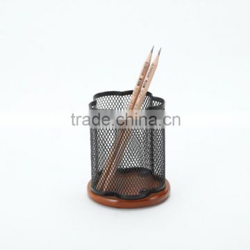 office supplier metal mesh wood base round pen and pencil pot