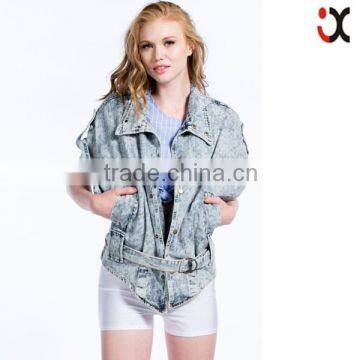 Trendy Stand collar motorcycle stlye Ladies vintage wash denim jacket(JXW1531)