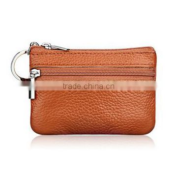 High quality portable genuine leather coin purse with zipper and key chain