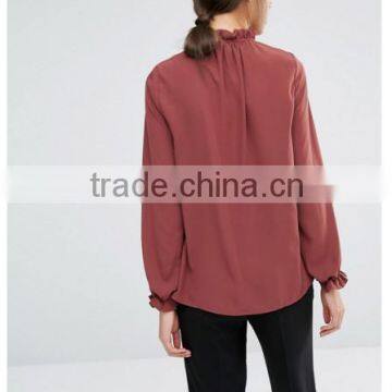 Ruffle neck design Long Sleeve Burgundy Korean formal blouses 2016