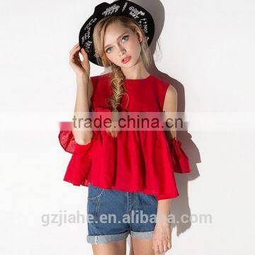 New Short Casual Female Shirt Fashion Blouse Sweet Pleated Splice Red Women Tops Crop Top