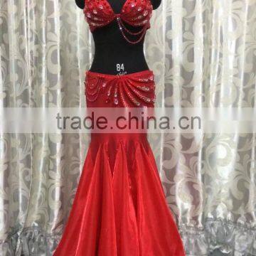 Women elegant red belly dance outfit with beads QQ002