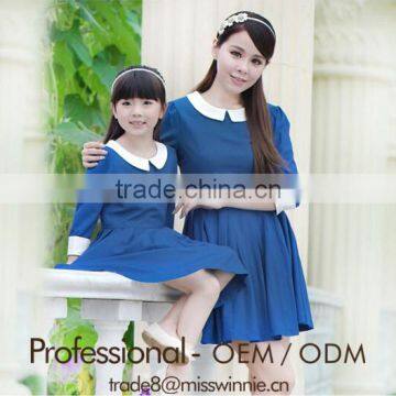 school style lapel collar middle sleeve parent-child frock dress Mother and Daughter dress design