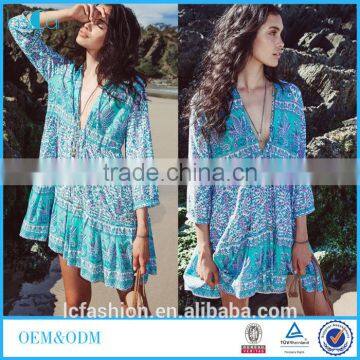 Boho Dress 2017 New Summer Loose Style Bohemian Deep V Neck 3/4 Sleeve Beach Dress