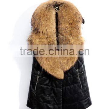 2016 Europe Hot Sale Latest Design Winter Sheep Leather With Faux Fox Fur Collar Vest Fashion Warm Woman Vest